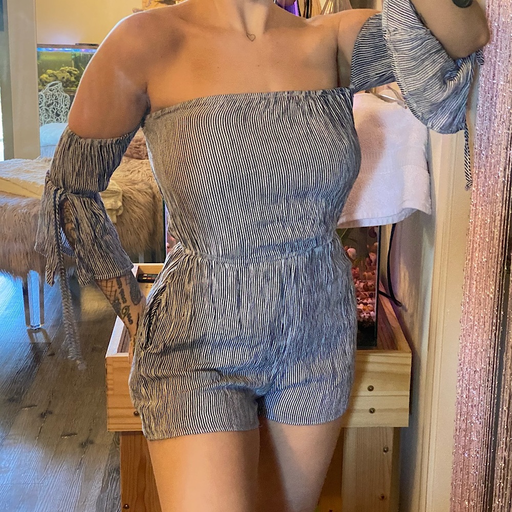 striped romper with pockets